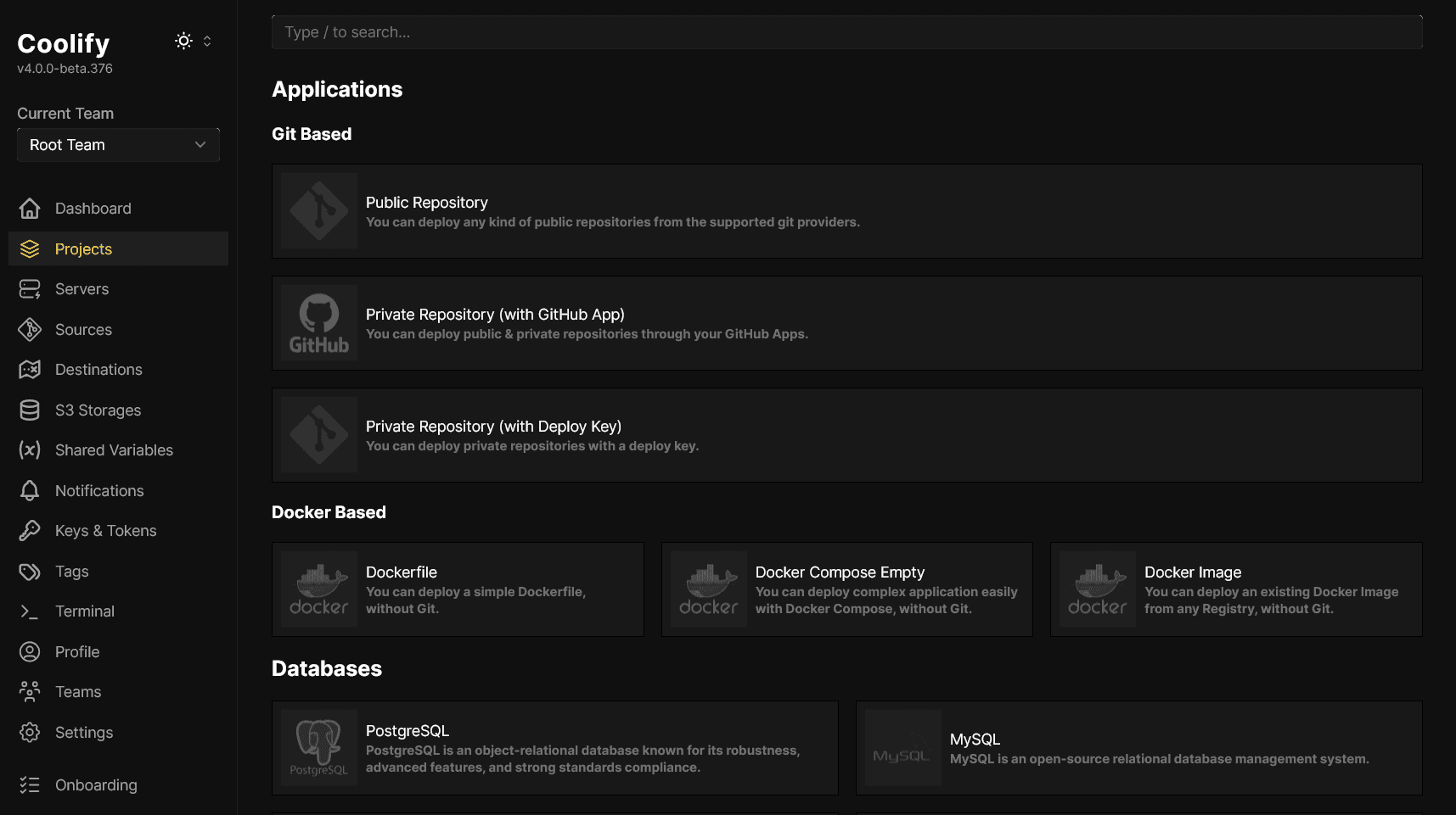 Coolify deployment dashboard