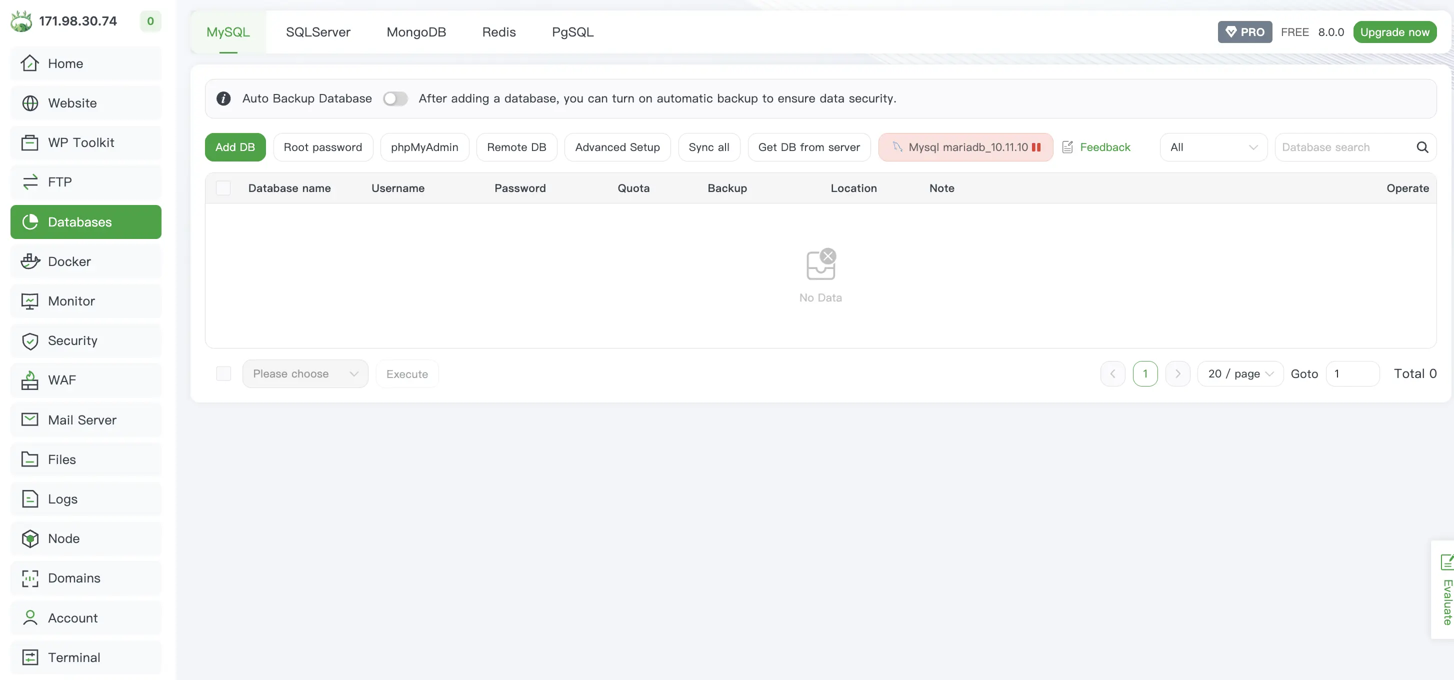 aaPanel database hosting interface