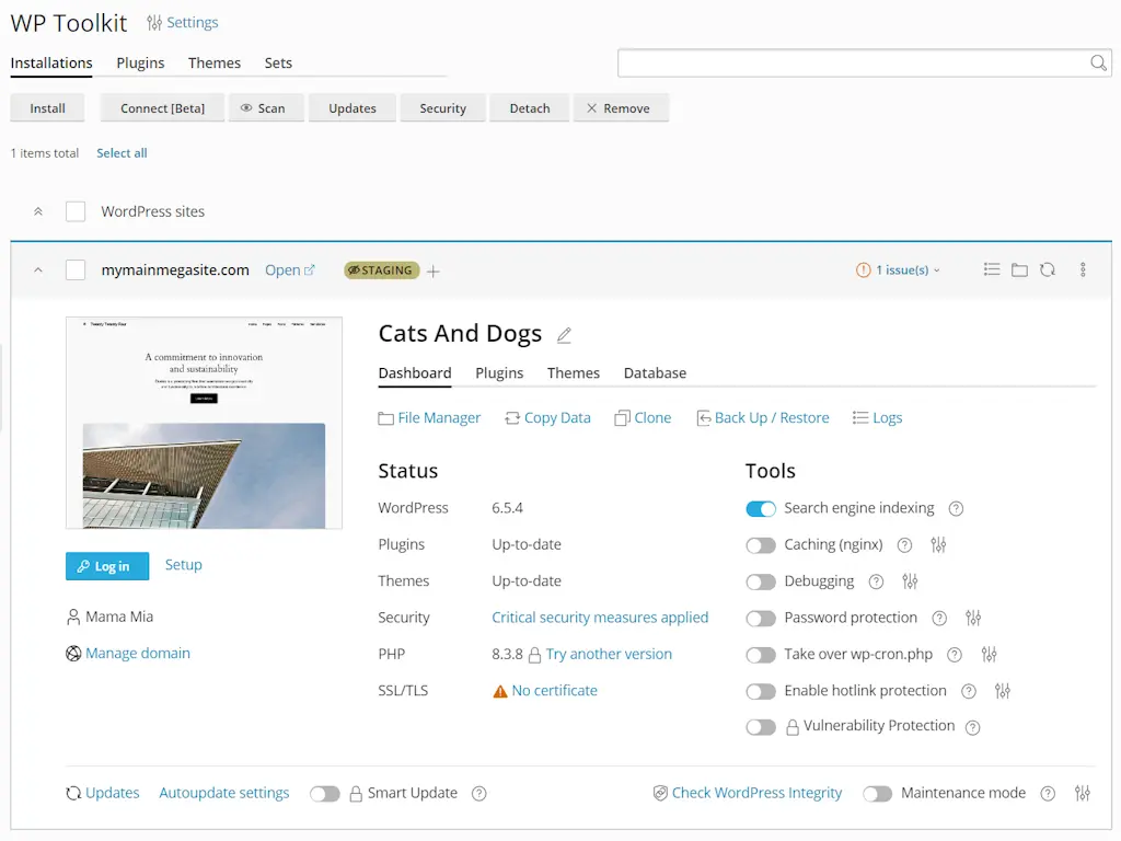 WordPress Toolkit dashboard